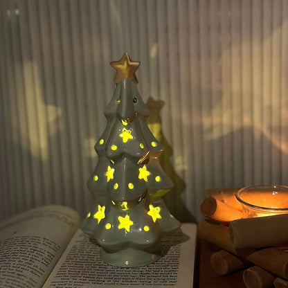 Ceramic Christmas Tree Night Light — Starry Glow Projection, Premium Ceramic Material,Perfect for Holiday Decor & Gifts