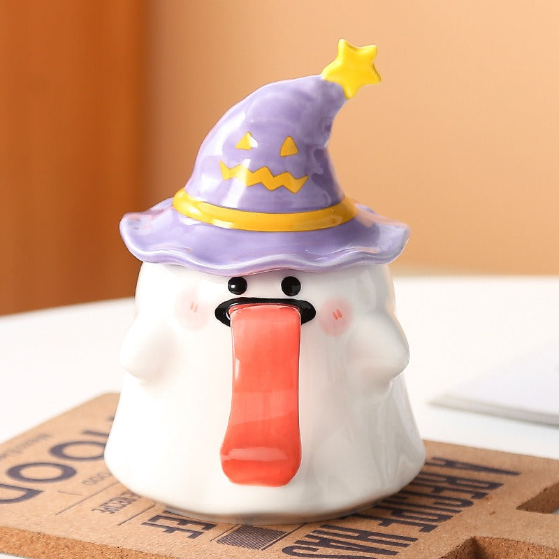 Long-Tongued Ghost Mug — Cute Design, Lid for Warmth, Perfect Halloween Gift