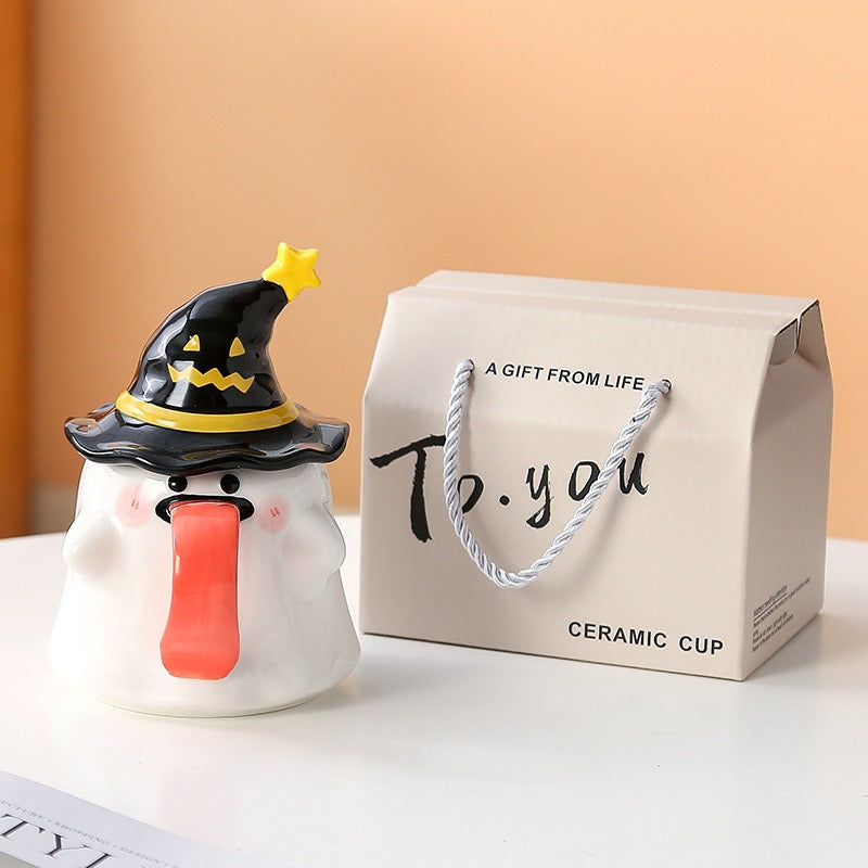 Long-Tongued Ghost Mug — Cute Design, Lid for Warmth, Perfect Halloween Gift