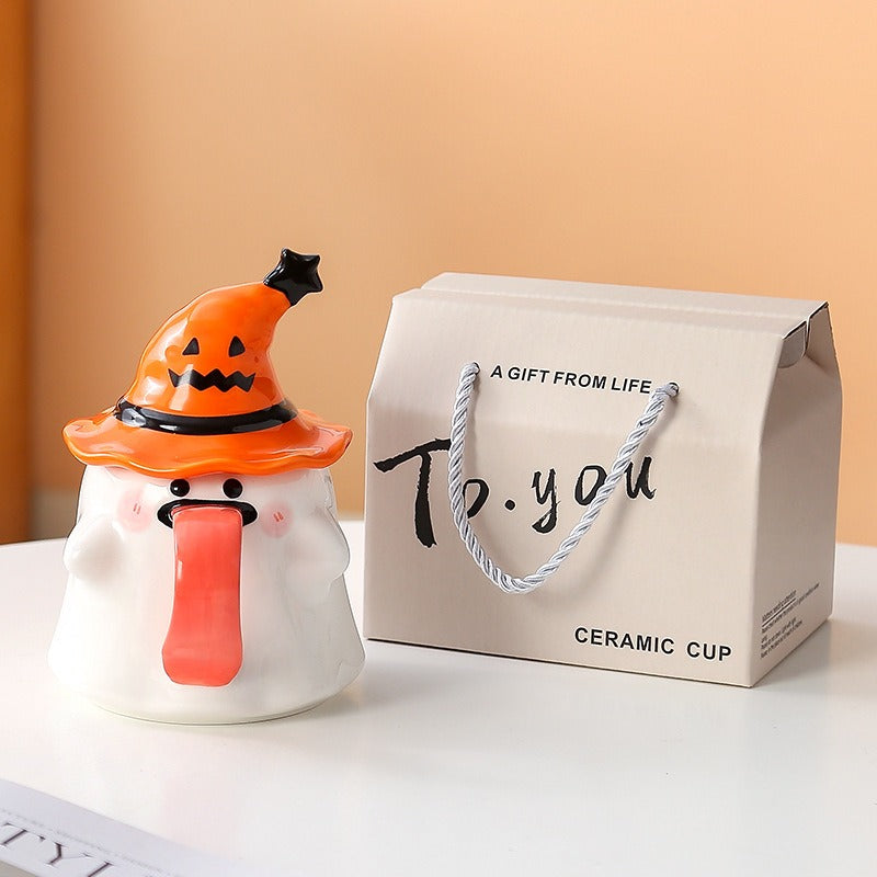 Long-Tongued Ghost Mug — Cute Design, Lid for Warmth, Perfect Halloween Gift